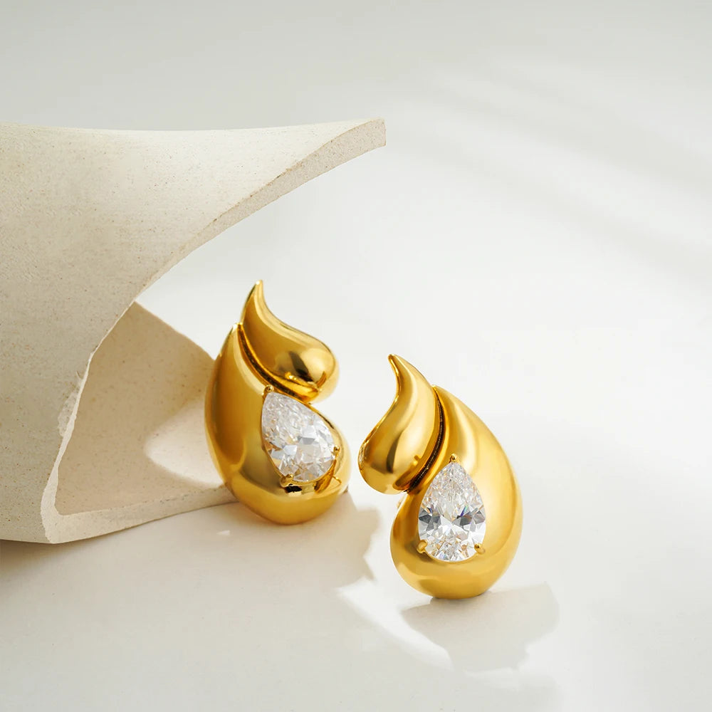 Brinco Gota Dupla Dourado com Zircônia