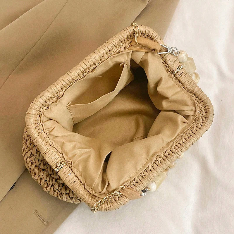 Bolsa de Palha Trançada com Alça Marmorizada e Corrente Dourada