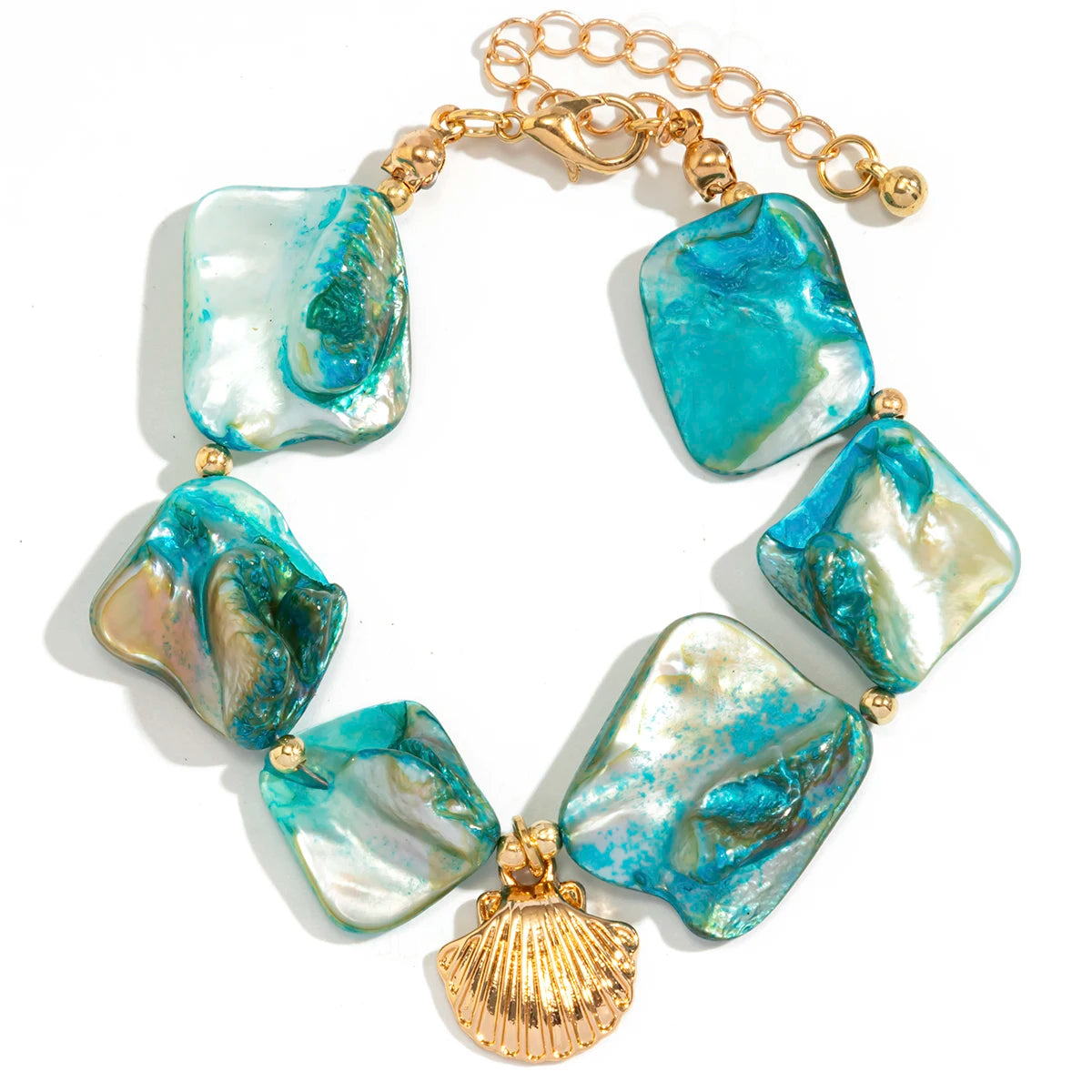 Pulseira Pedras Coloridas com Pingente Concha Dourada