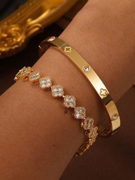 Pulseira Trevo Cravejada + Bracelete com Cristais