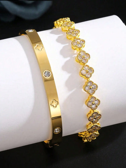 Pulseira Trevo Cravejada + Bracelete com Cristais