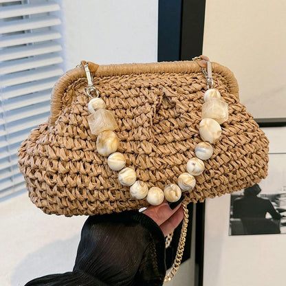 Bolsa de Palha Trançada com Alça Marmorizada e Corrente Dourada