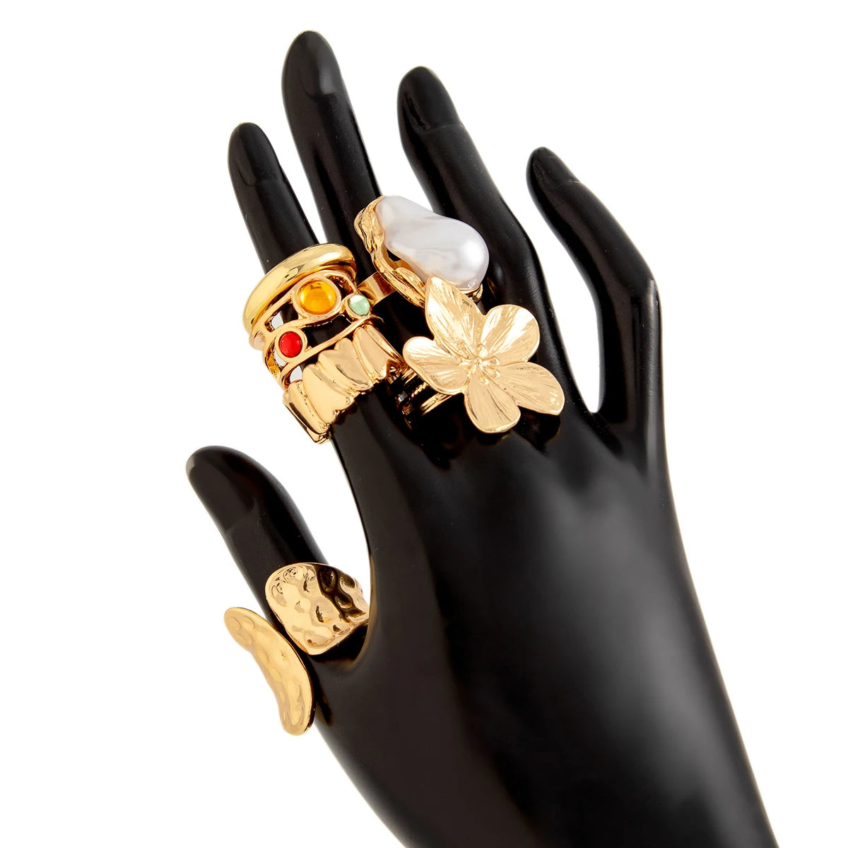 Conjunto de Anéis com Pérola e Pedras Coloridas