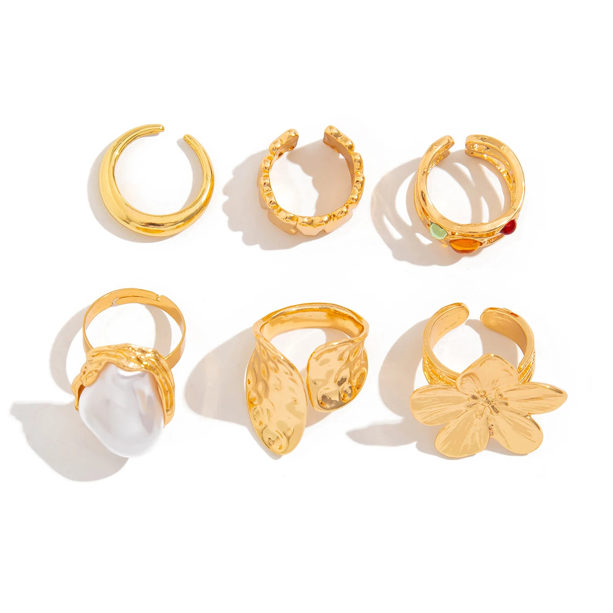 Conjunto de Anéis com Pérola e Pedras Coloridas