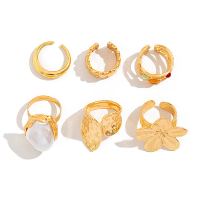 Conjunto de Anéis com Pérola e Pedras Coloridas