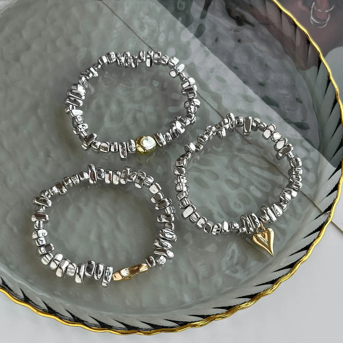 Trio de Pulseiras Prata e Dourado
